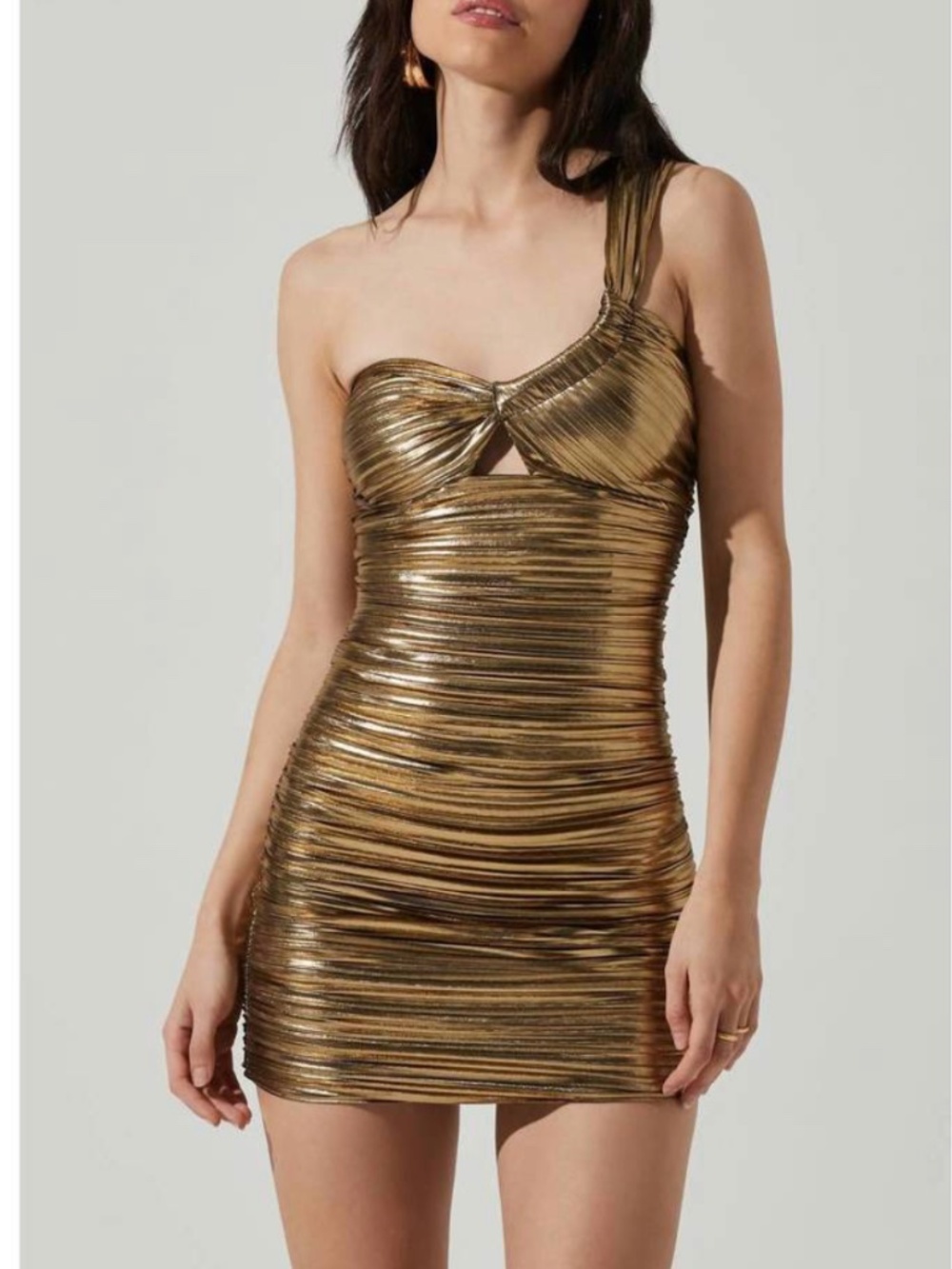 ASTR The Label Golda Metallic Gold One Shoulder Mini Dress M